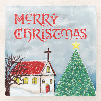 Posavasos De Vidrio Feliz iglesia navideña y árbol de Navidad en nieve