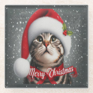 Posavasos De Vidrio Feliz Navidad American shorthair Cat, Santa Cat