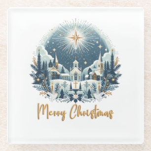 Posavasos De Vidrio Feliz Navidad azul y oro