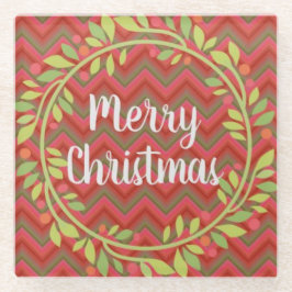 Posavasos De Vidrio Feliz Navidad Chevron y Wreath Coasters