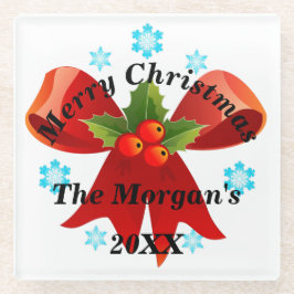 Posavasos De Vidrio Feliz Navidad Cinta Roja Holly Berry