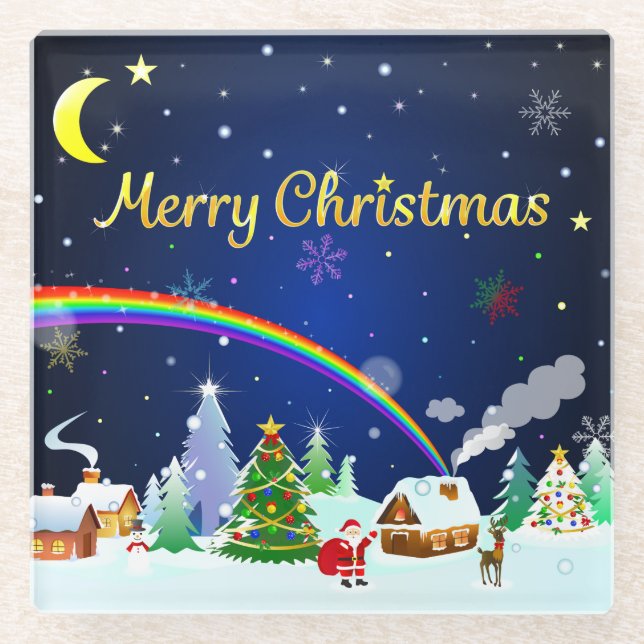 Posavasos De Vidrio Feliz Navidad con la luna creciente (Anverso)