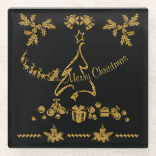 Posavasos De Vidrio Feliz Navidad de purpurina dorada, Papá Noel