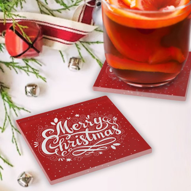 Posavasos De Vidrio Feliz Navidad Festividad Rojo y Blanco (Merry Christmas Festive Red and White Glass Coaster)