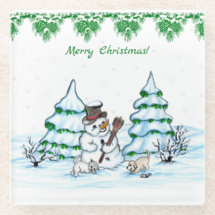 Posavasos De Vidrio ¡Feliz Navidad! Hombre de nieve con gato y cachorr
