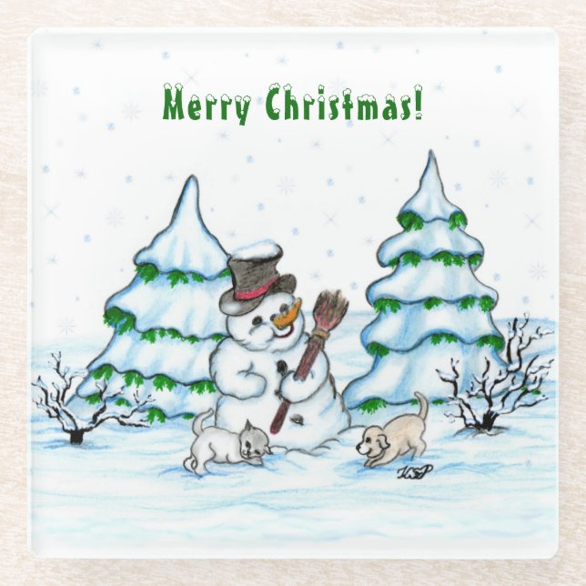 Posavasos De Vidrio ¡Feliz Navidad! Hombre de nieve con gato y cachorr (Anverso)