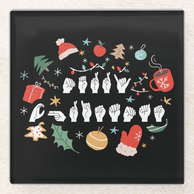 Posavasos De Vidrio Feliz Navidad - Lenguaje de Rótulo americano ASL I (Anverso)