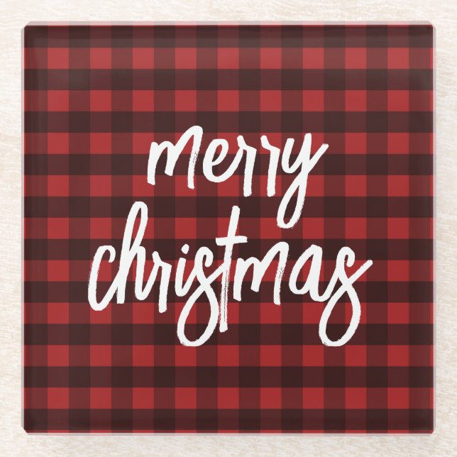 Posavasos De Vidrio Feliz Navidad Rustic Buffalo Plaid (Anverso)