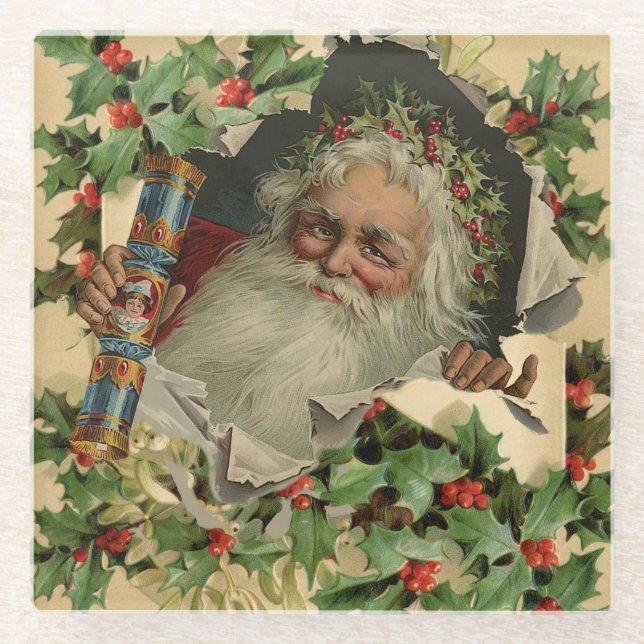 Posavasos De Vidrio Feliz Navidad Santa Claus Clásico antiguo (Anverso)
