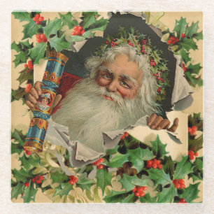 Posavasos De Vidrio Feliz Navidad Santa Claus Holly