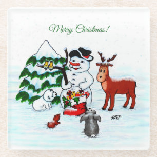 Posavasos De Vidrio ¡Feliz Navidad! Snowman con sus amigos
