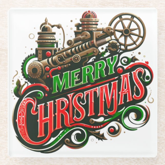 Posavasos De Vidrio Feliz Navidad steampunk (Anverso)