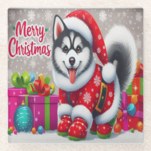 Posavasos De Vidrio Feliz Navidad Sunsical Siberian Husky Dog Xmas