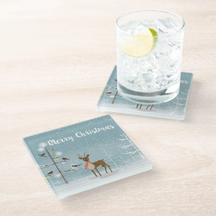 Posavasos De Vidrio Feliz Navidad- Venado En El Bosque Snowy