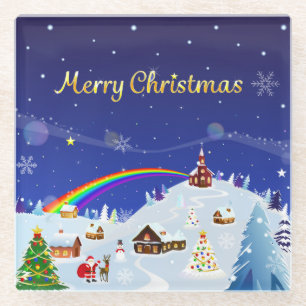 Posavasos De Vidrio Feliz Navidad y arcoiris Santa