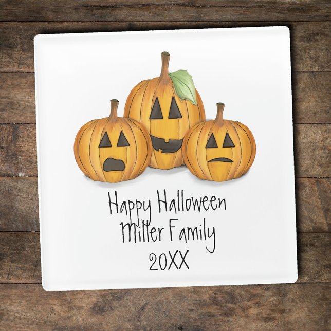 Posavasos De Vidrio Feliz Personalizado de calabazas Naranja de Hallow (Happy Halloween Custom Glass Coaster.)