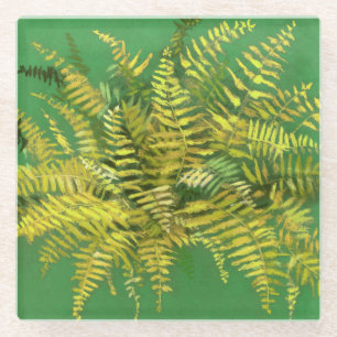 Posavasos De Vidrio Fern, frondas, florido, verde dorado verde vegetac
