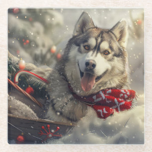 Posavasos De Vidrio Festividad de los Navidades de Husky Dog en Siberi