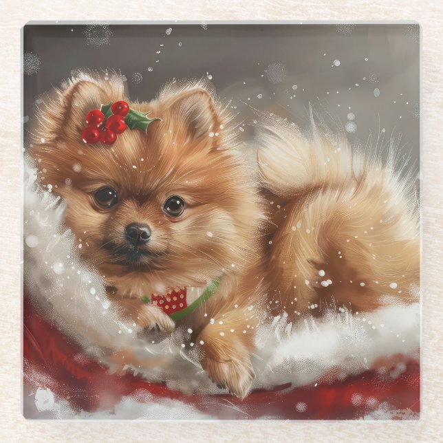 Posavasos De Vidrio Festividad de los Navidades de perro de Pomerania (Anverso)