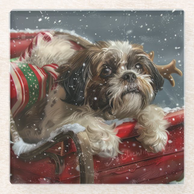 Posavasos De Vidrio Festividad de los Navidades de perro de Shih Tzu (Anverso)