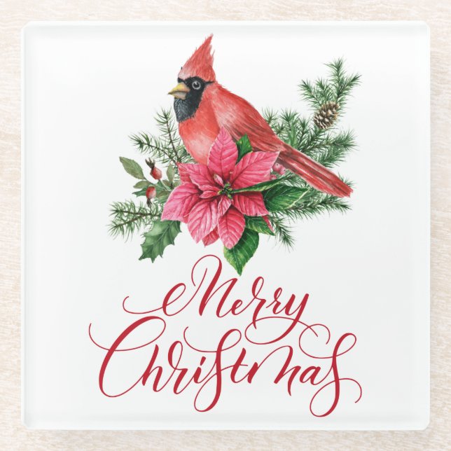 Posavasos De Vidrio Festividad del Cardenal Rojo de Poinsettia (Anverso)