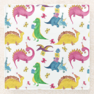 Posavasos De Vidrio Fiesta de dinosaurios: patrón de acuarela.