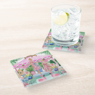 Posavasos De Vidrio Fiesta Preppy Retro en la Piscina de Palm Beach