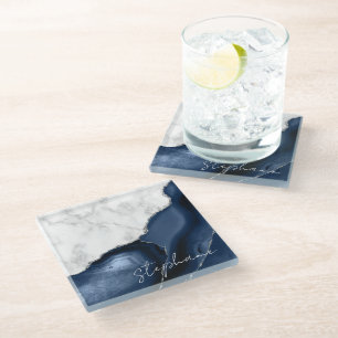 Posavasos De Vidrio Firma Mármol Blanco Agata Azul Marino Plata