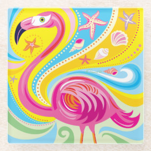 Posavasos De Vidrio Flamenco Rosa con Estrella de Mar