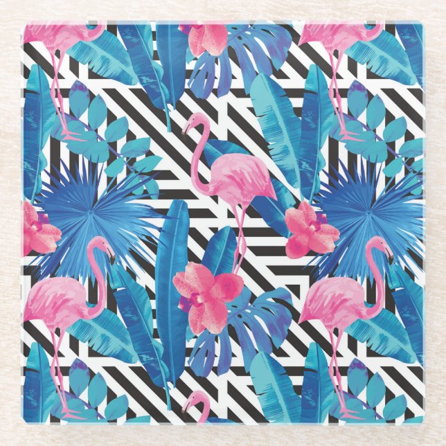 Posavasos De Vidrio Flamenco y palmas en modelo geométrico (Anverso)