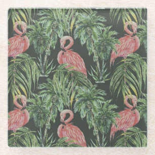 Posavasos De Vidrio Flamencos rosados, patrón de cosecha tropical.
