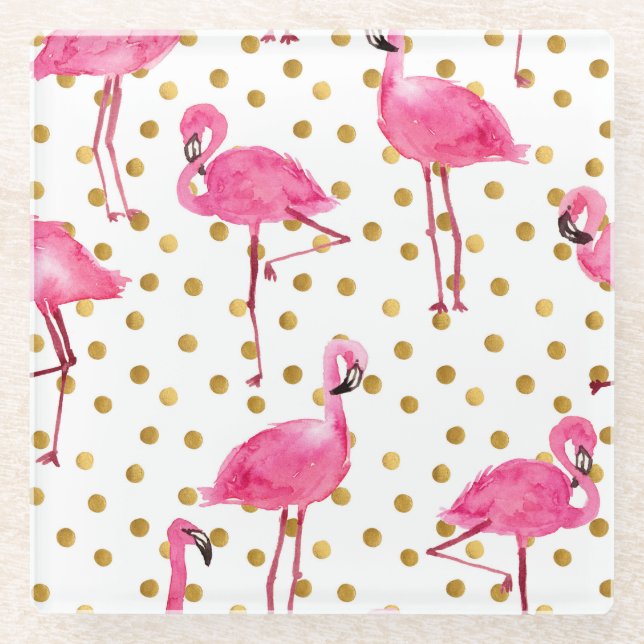 Posavasos De Vidrio Flamencos rosados, puntos dorados, acuarela. (Anverso)