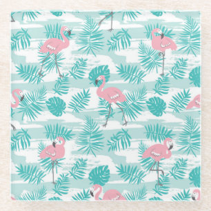 Posavasos De Vidrio Flamencos rosas, hojas de palma verdes, tropicales