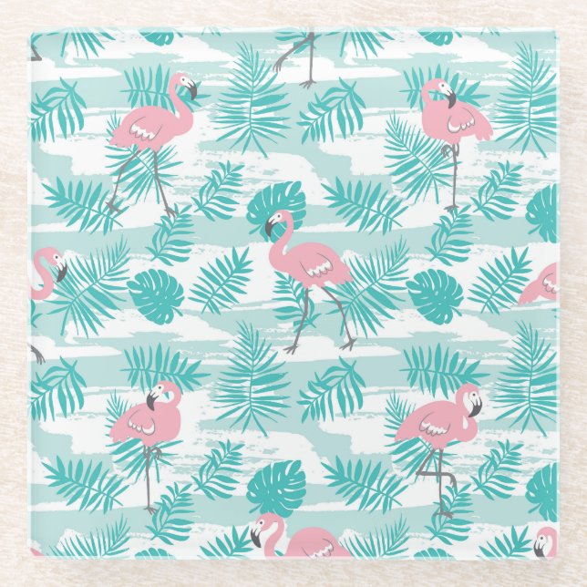 Posavasos De Vidrio Flamencos rosas, hojas de palma verdes, tropicales (Anverso)
