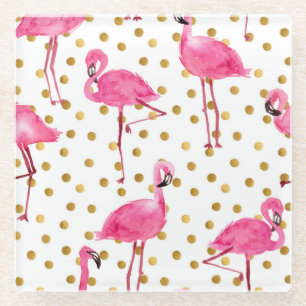 Posavasos De Vidrio Flamencos rosas, puntos dorados, acuarela.