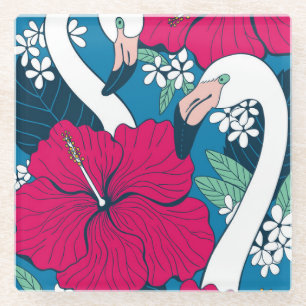 Posavasos De Vidrio Flamencos tropicales: fondo de Hibiscus Plumeria.