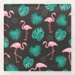 Posavasos De Vidrio Flamingo, hojas de palma: acuarela tropical.