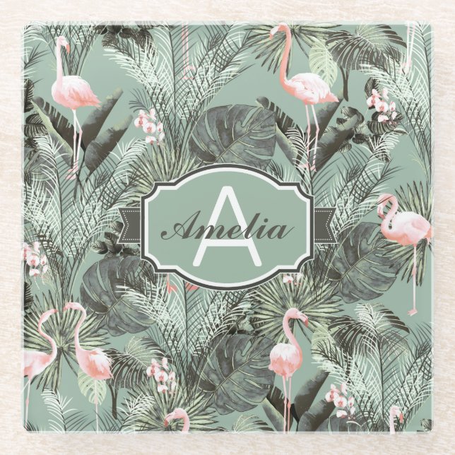 Posavasos De Vidrio Flamingo Orquídea Patrón Tropical ID868 (Anverso)