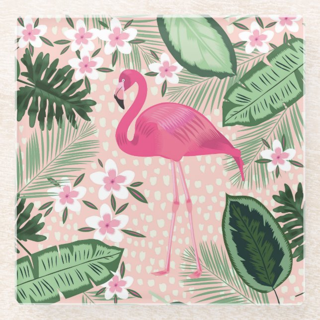 Posavasos De Vidrio Flamingo, palmeras, diseño de cocina (Anverso)