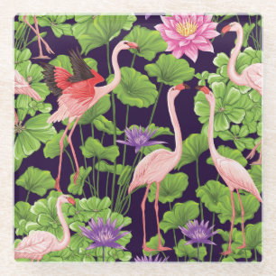 Posavasos De Vidrio Flamingo, plantas tropicales, fondo negro.