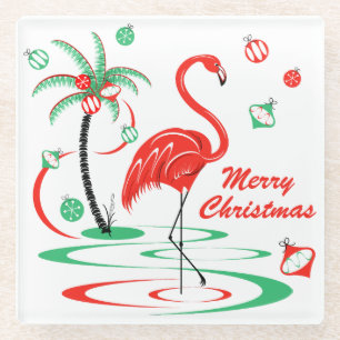Posavasos De Vidrio Flamingo Rojo de Navidad Feliz Navidad de vidrio