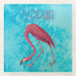 Posavasos De Vidrio Flamingo rosa Audubon con acuarela azul