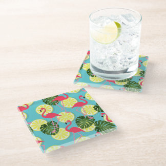 Posavasos De Vidrio Flamingo rosa Lemon Slice Tropical Leaf