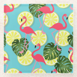 Posavasos De Vidrio Flamingo rosa Lemon Slice Tropical Leaf
