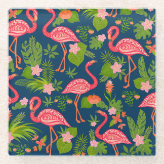 Posavasos De Vidrio Flamingo rosa: Vintage a rayas turquesas