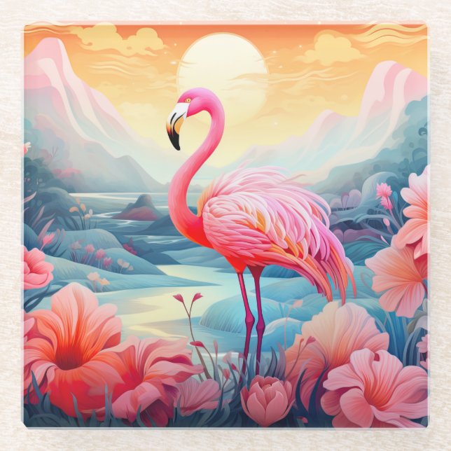 Posavasos De Vidrio Flamingo tropical con flores-76280 (Anverso)