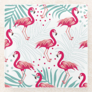 Posavasos De Vidrio Flamingo y hojas tropicales, patrón de verano.