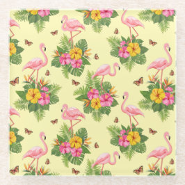 Posavasos De Vidrio Flamingo y mariposas 2