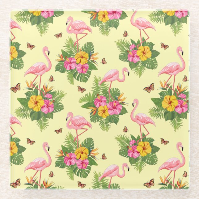 Posavasos De Vidrio Flamingo y mariposas 2 (Anverso)