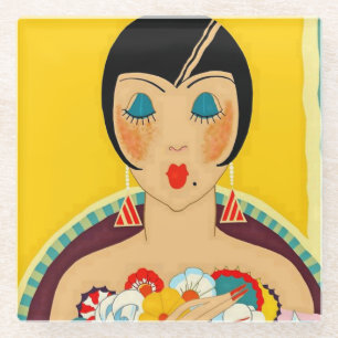 Posavasos De Vidrio “Flappers y Flores” Art Deco por Jose Carlos